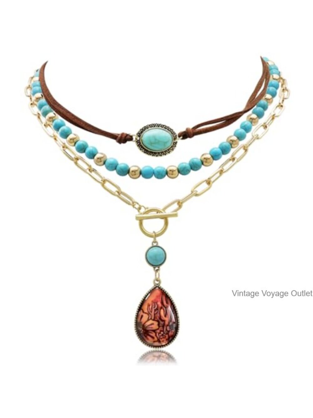 Layered Western Necklace Set Faux Leather Turquoise Beaded Rhinestone Hat Boot